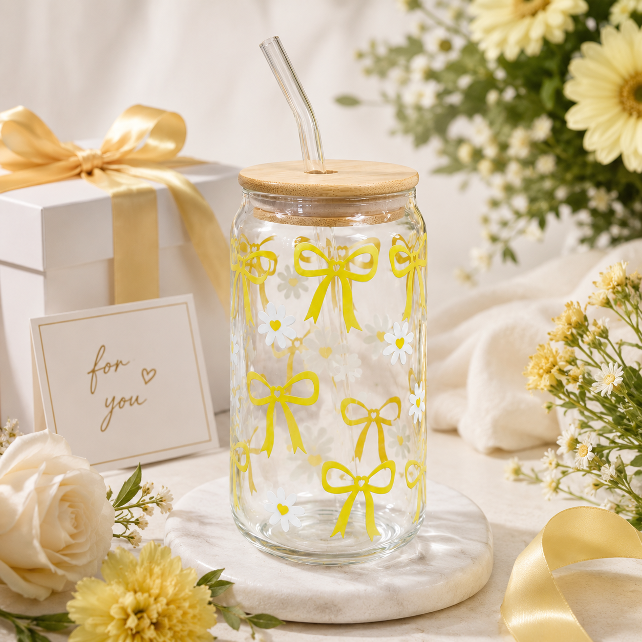 Yellow Bow & Daisy Glass Tumbler with Bamboo Lid & Straw