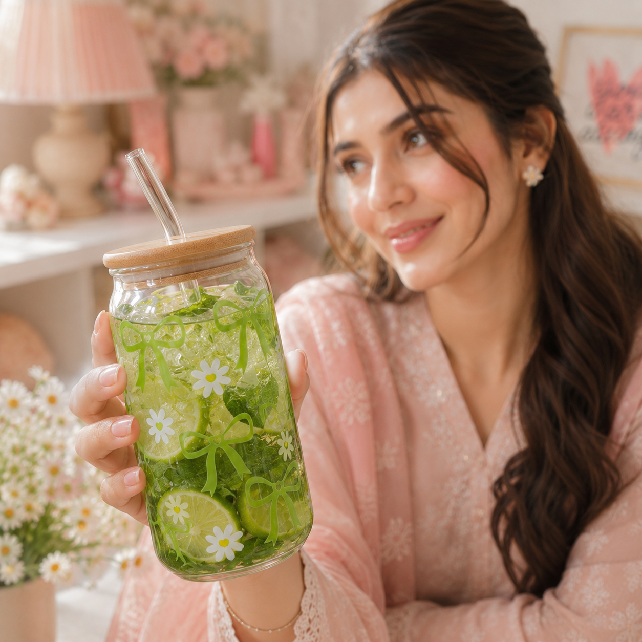Bow & Daisy Glass Tumbler with Bamboo Lid & Straw