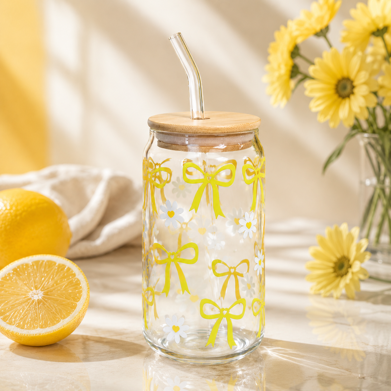 Yellow Bow & Daisy Glass Tumbler with Bamboo Lid & Straw