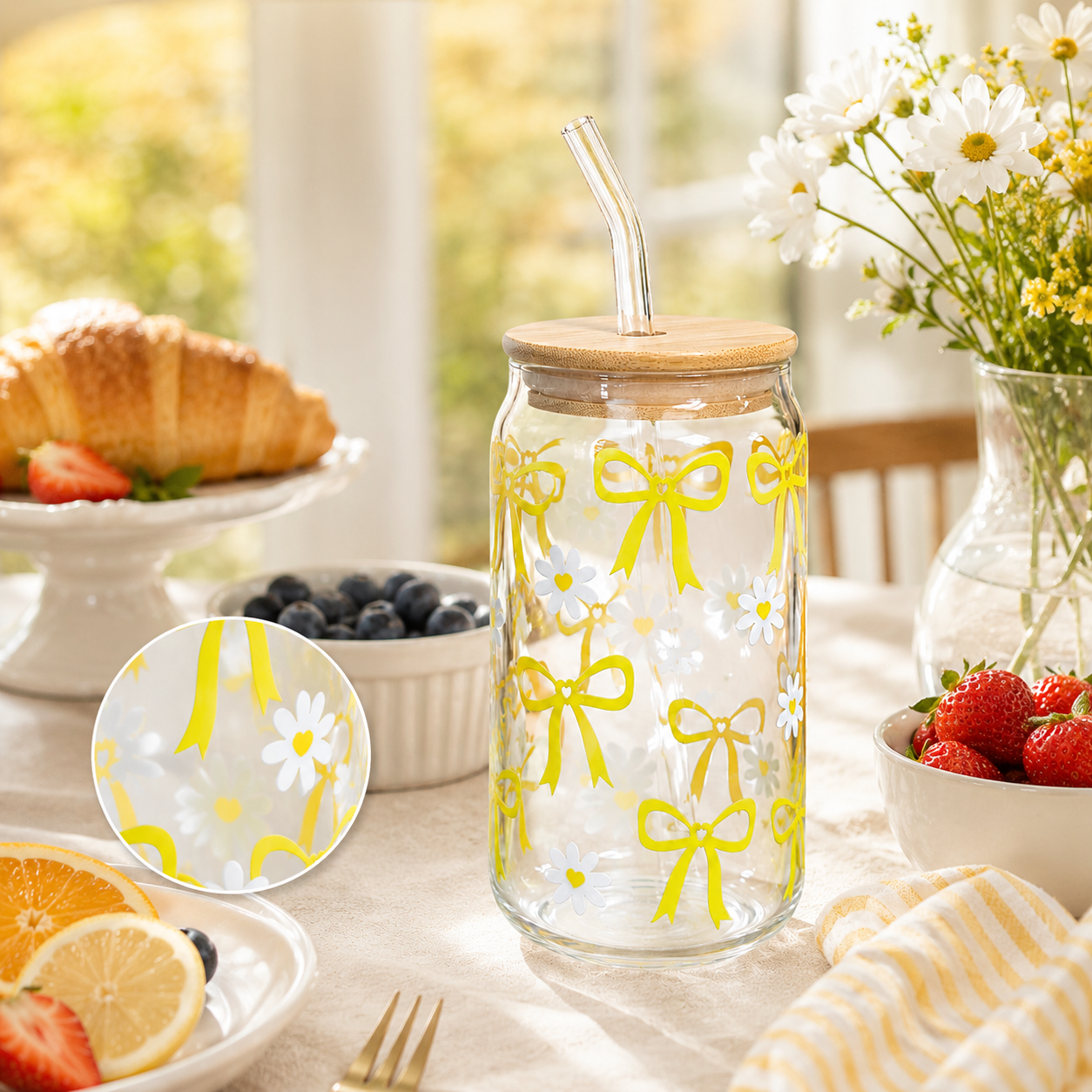 Yellow Bow & Daisy Glass Tumbler with Bamboo Lid & Straw