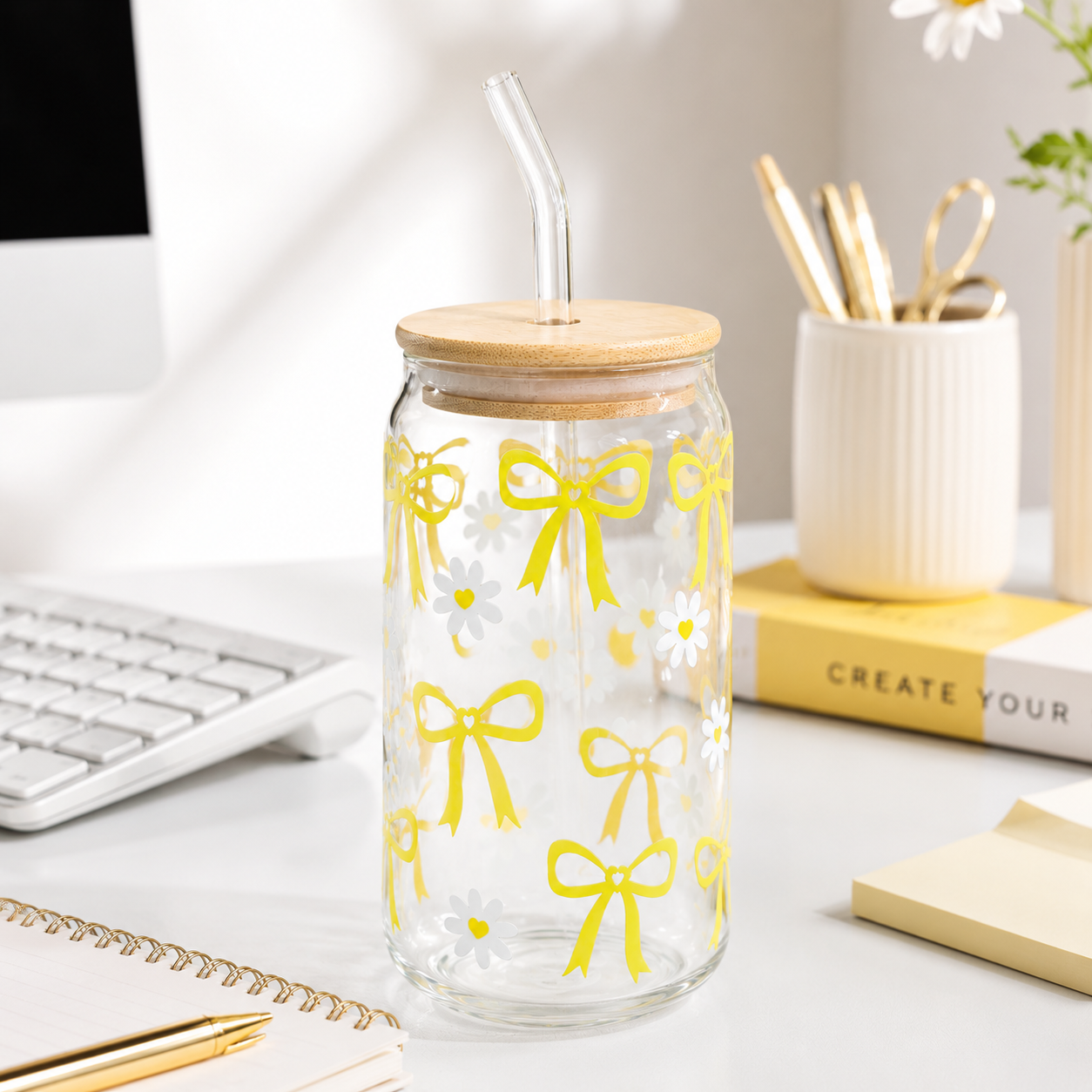 Yellow Bow & Daisy Glass Tumbler with Bamboo Lid & Straw
