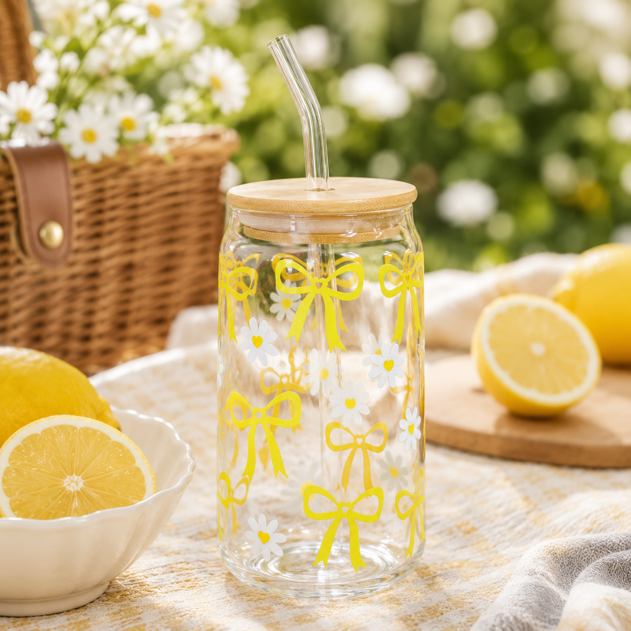 Yellow Bow & Daisy Glass Tumbler with Bamboo Lid & Straw