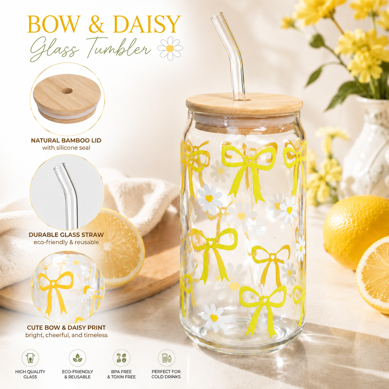 Yellow Bow & Daisy Glass Tumbler with Bamboo Lid & Straw