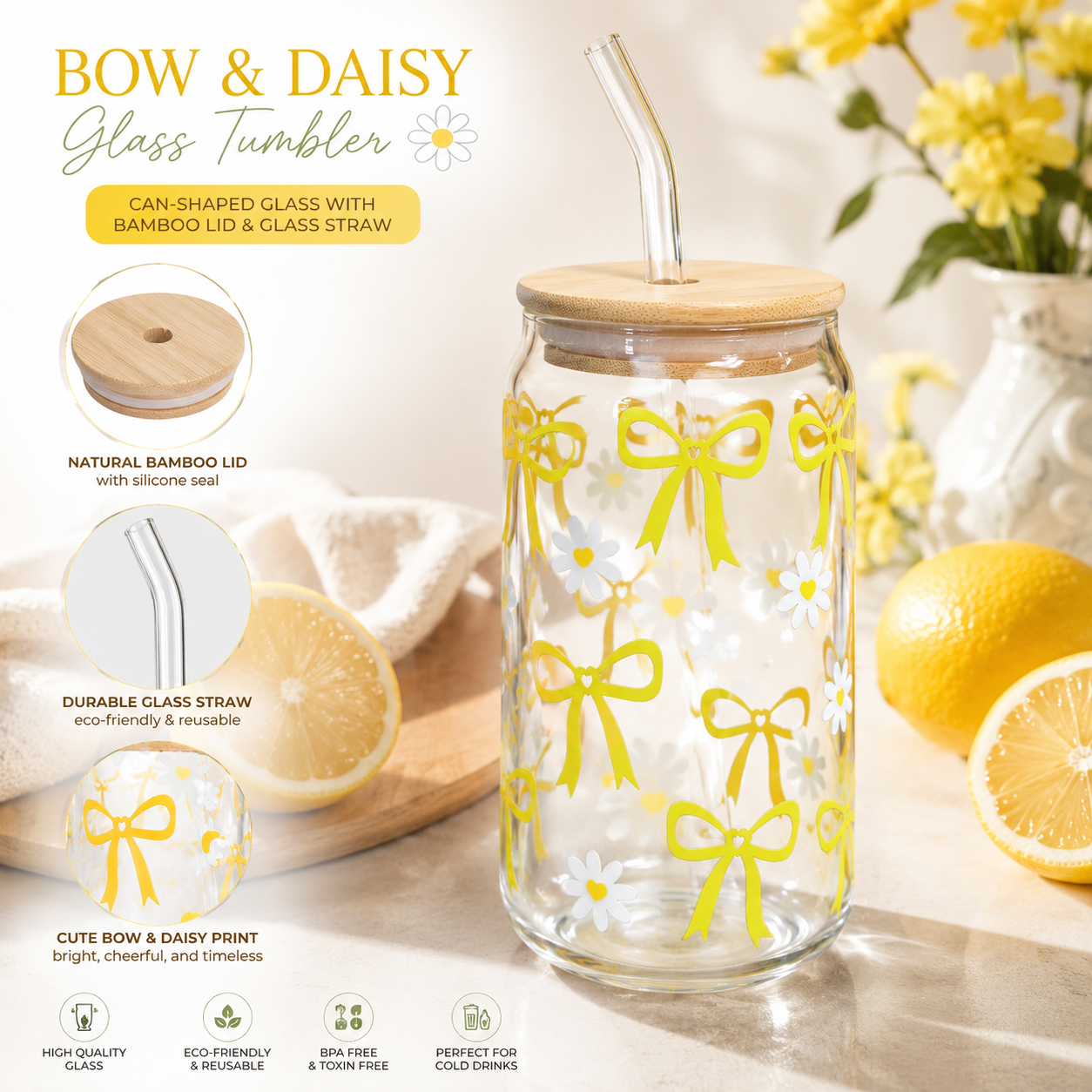 Yellow Bow & Daisy Glass Tumbler with Bamboo Lid & Straw
