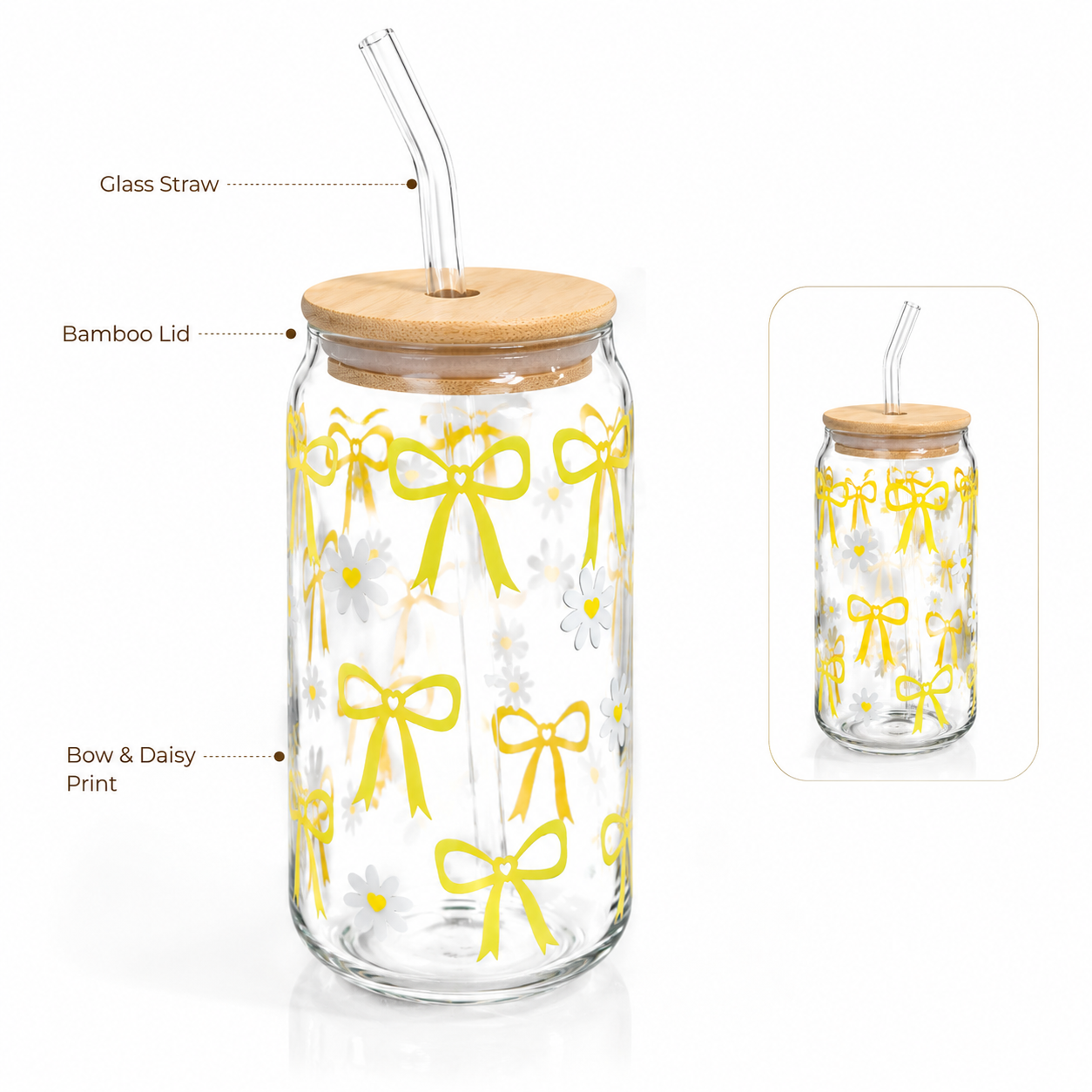 Yellow Bow & Daisy Glass Tumbler with Bamboo Lid & Straw