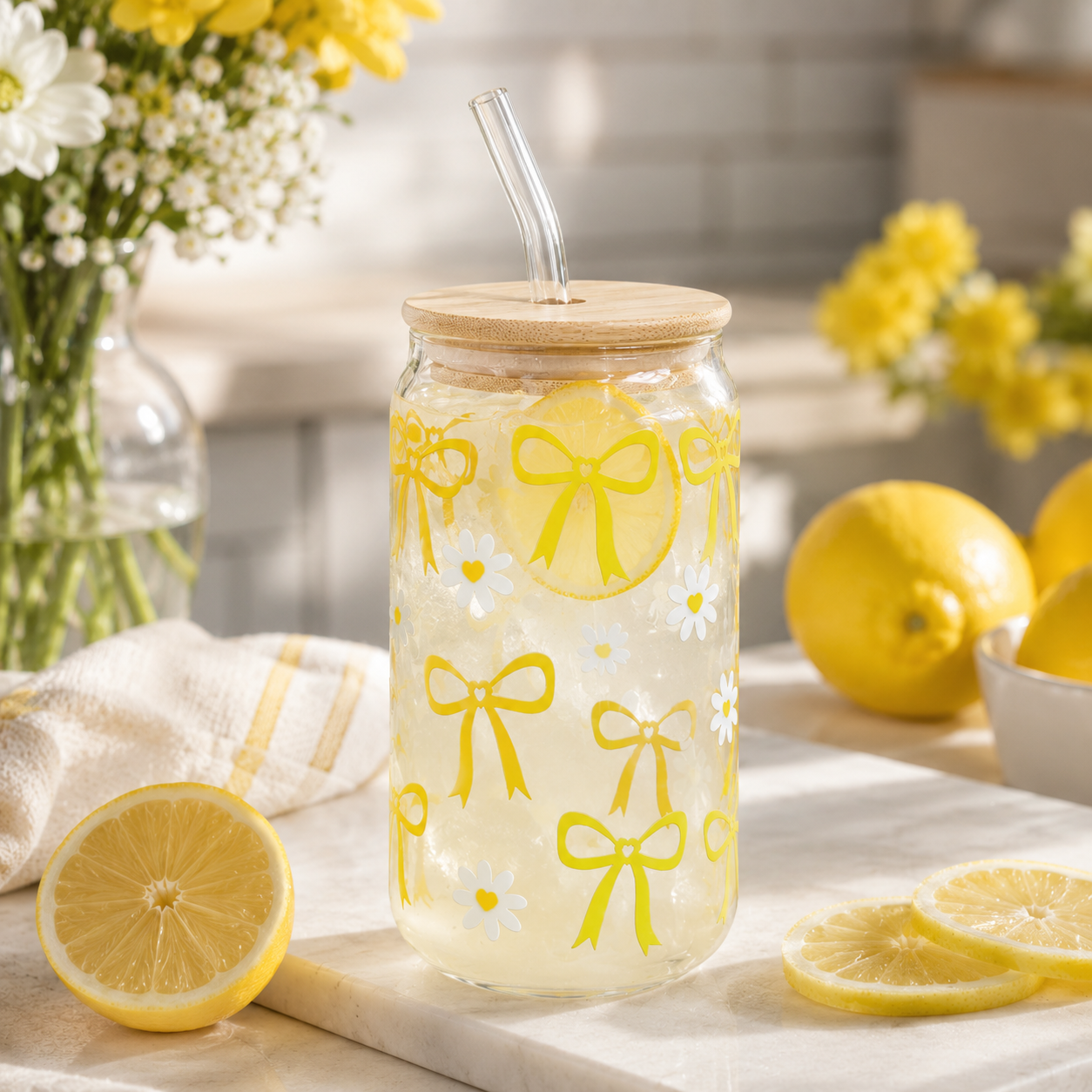 Yellow Bow & Daisy Glass Tumbler with Bamboo Lid & Straw