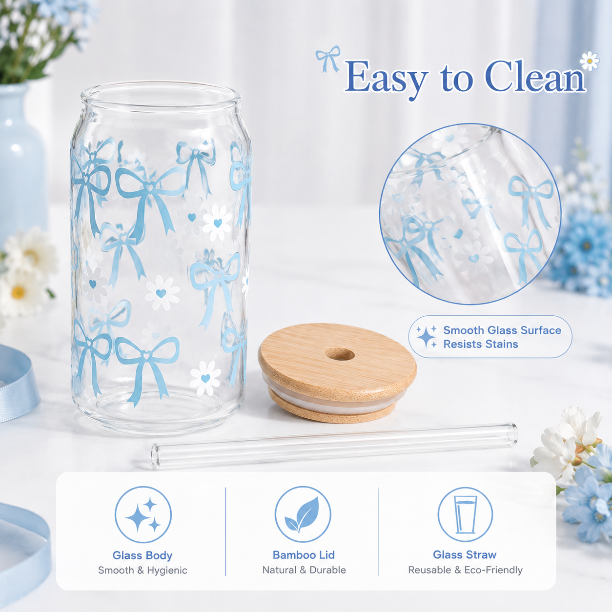 Blue Bow & Daisy Glass Tumbler with Bamboo Lid & Straw