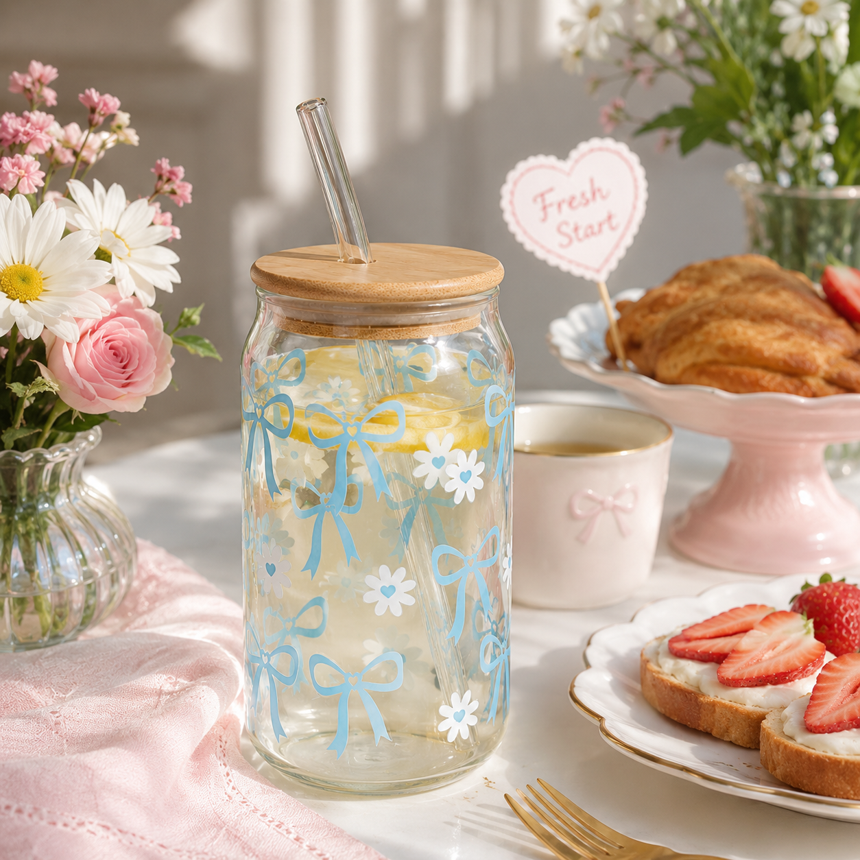 Blue Bow & Daisy Glass Tumbler with Bamboo Lid & Straw