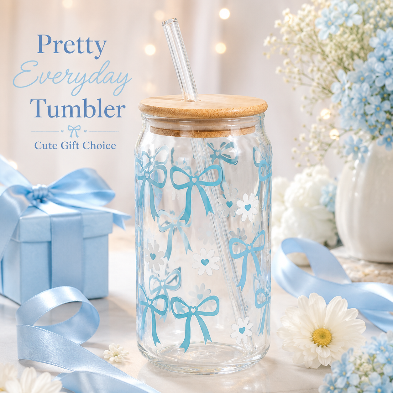 Blue Bow & Daisy Glass Tumbler with Bamboo Lid & Straw