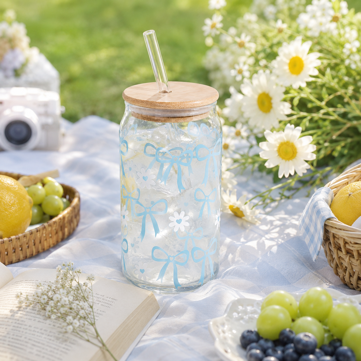 Blue Bow & Daisy Glass Tumbler with Bamboo Lid & Straw