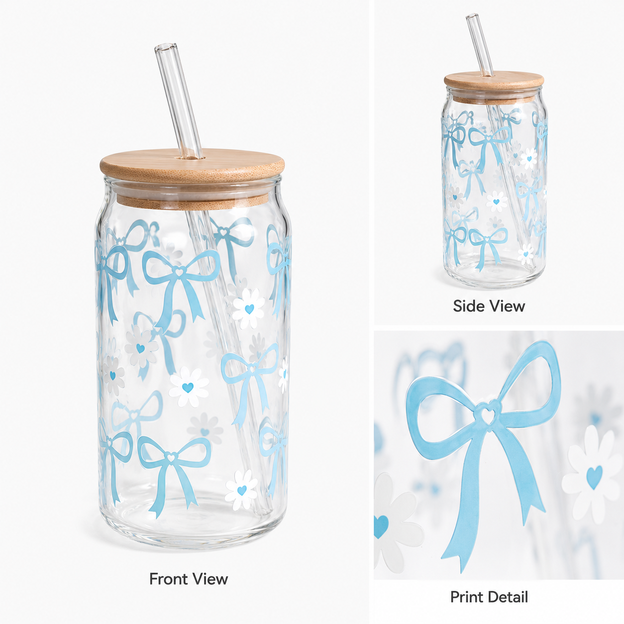 Blue Bow & Daisy Glass Tumbler with Bamboo Lid & Straw