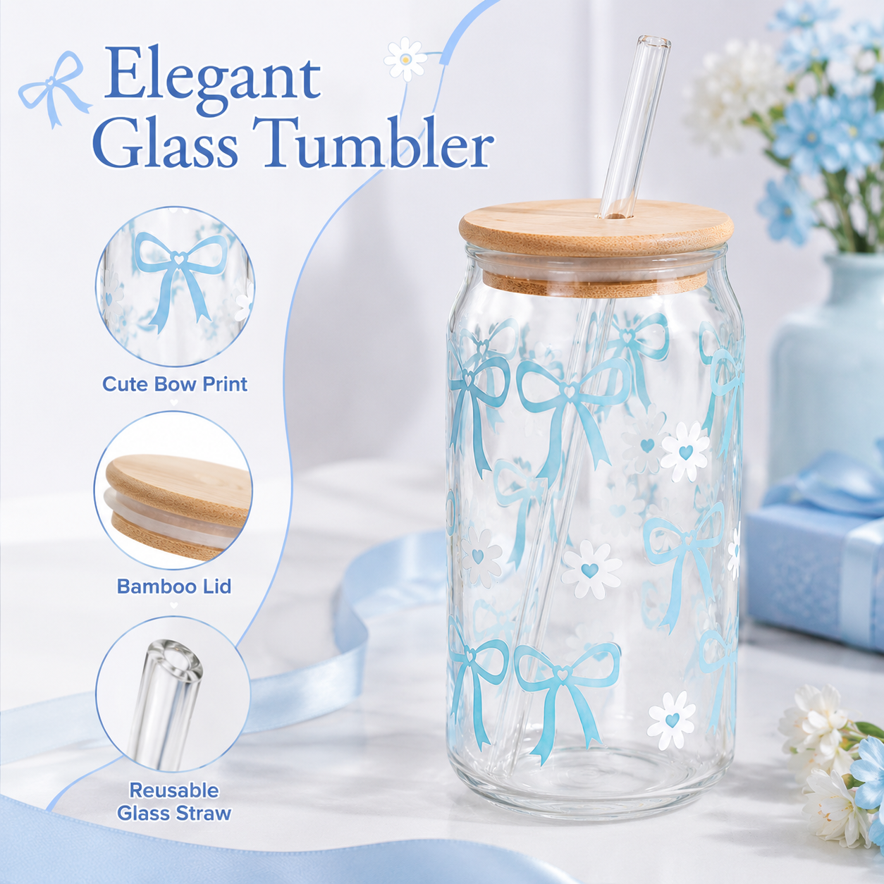 Blue Bow & Daisy Glass Tumbler with Bamboo Lid & Straw