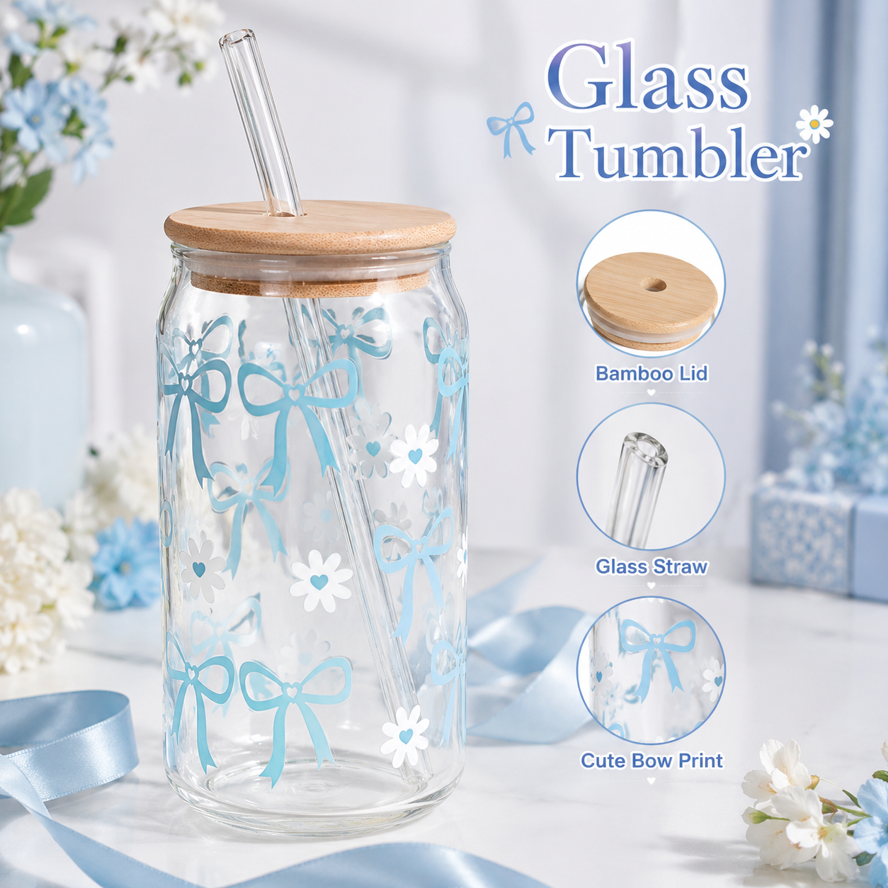 Blue Bow & Daisy Glass Tumbler with Bamboo Lid & Straw