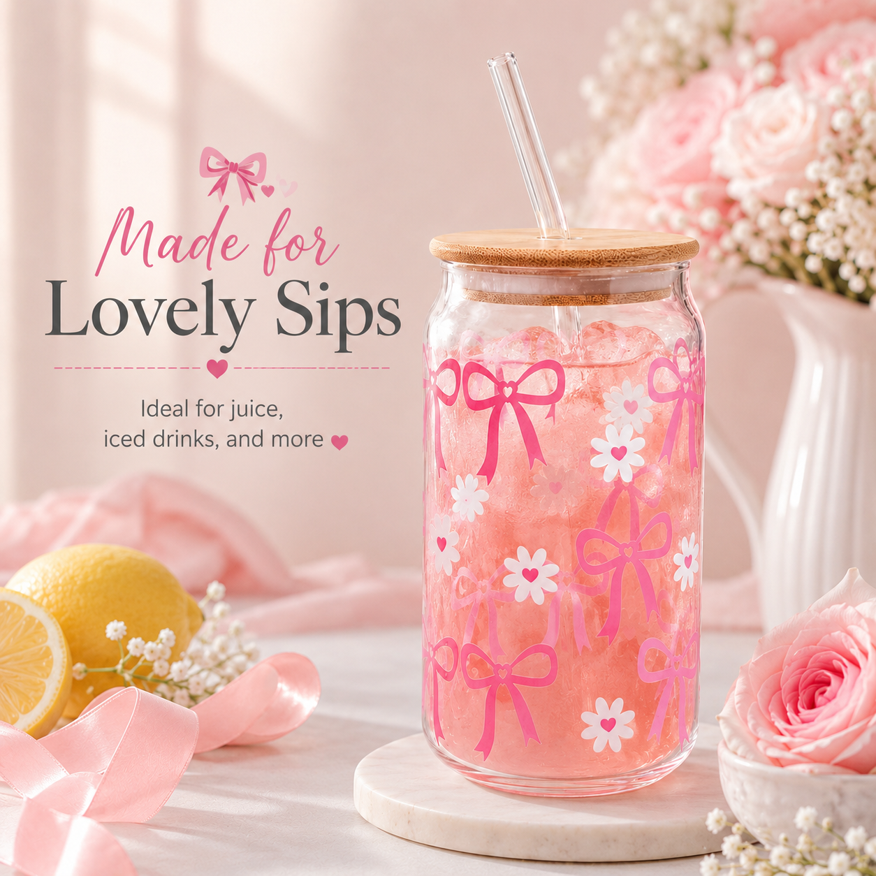 Pink Bow & Daisy Glass Tumbler with Bamboo Lid & Straw