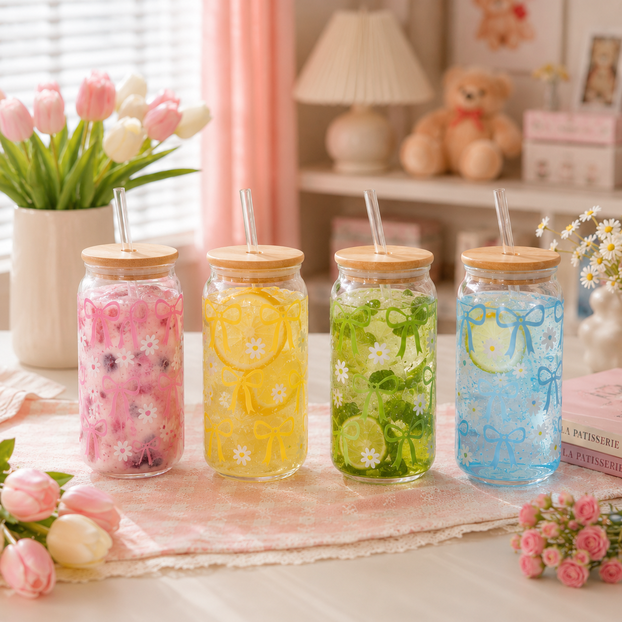 Bow & Daisy Glass Tumbler with Bamboo Lid & Straw