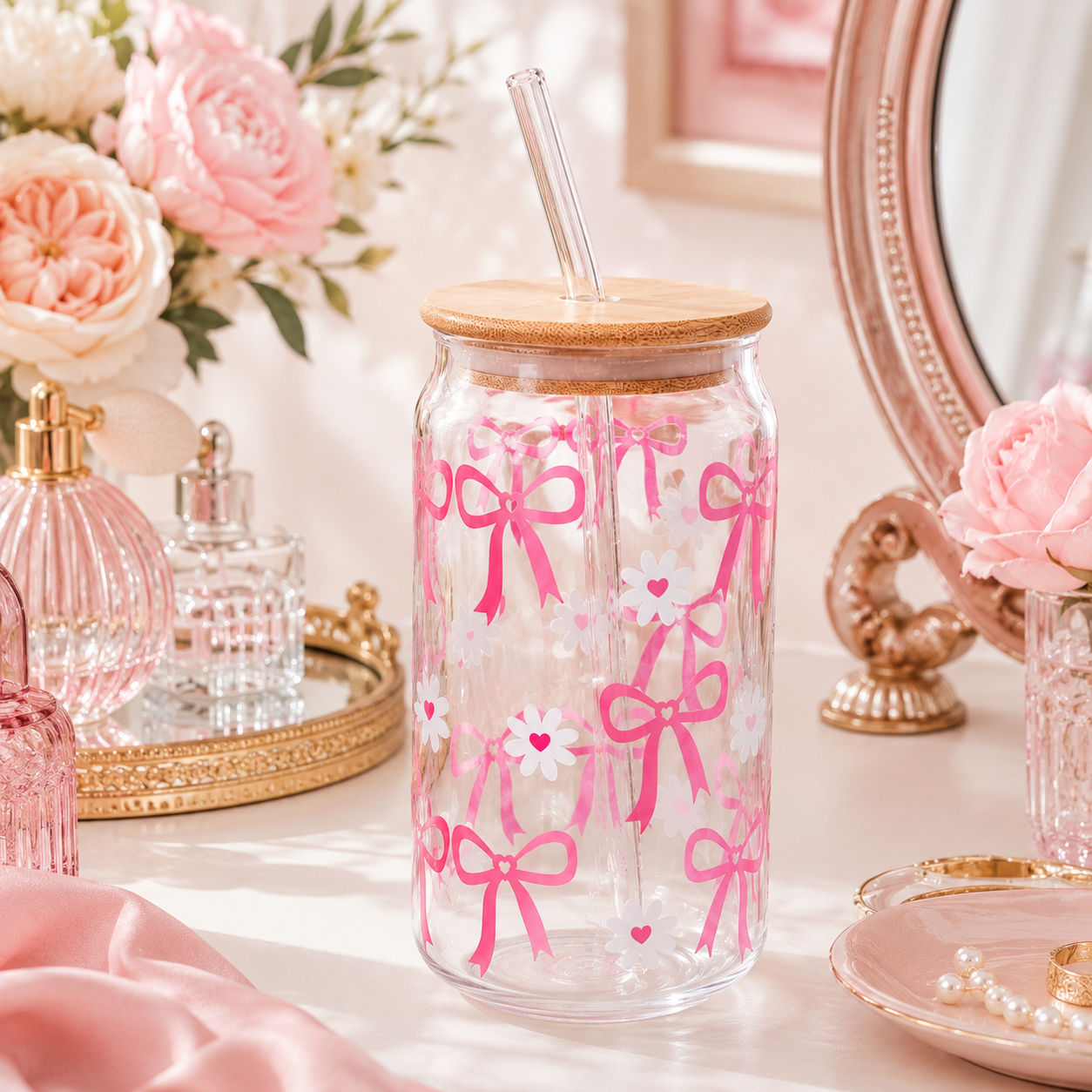 Pink Bow & Daisy Glass Tumbler with Bamboo Lid & Straw