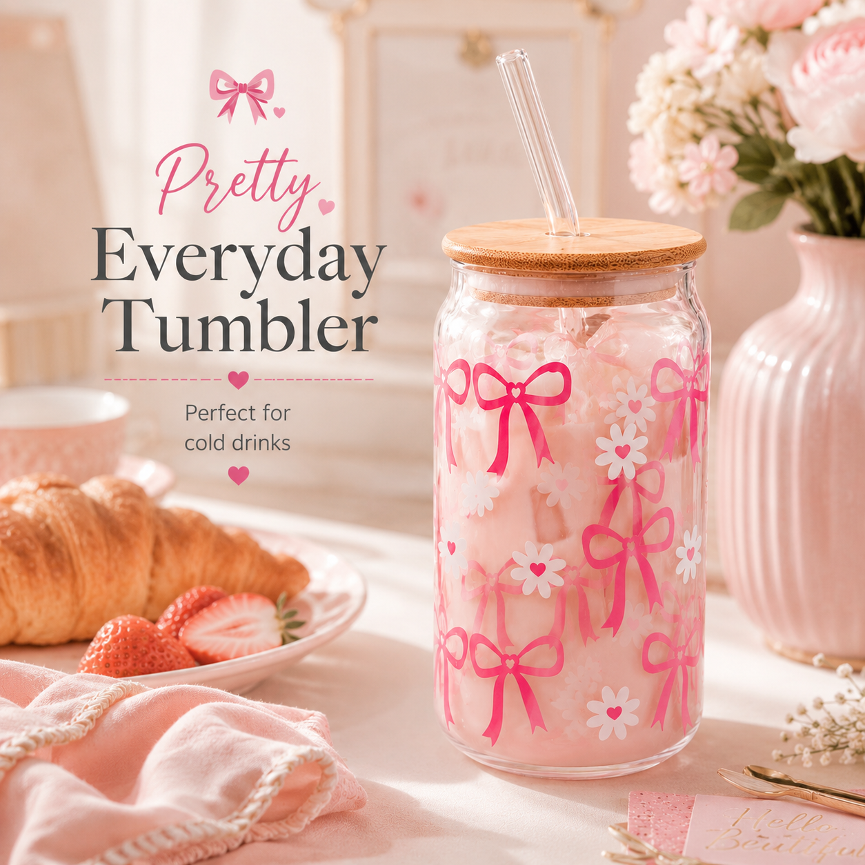 Pink Bow & Daisy Glass Tumbler with Bamboo Lid & Straw