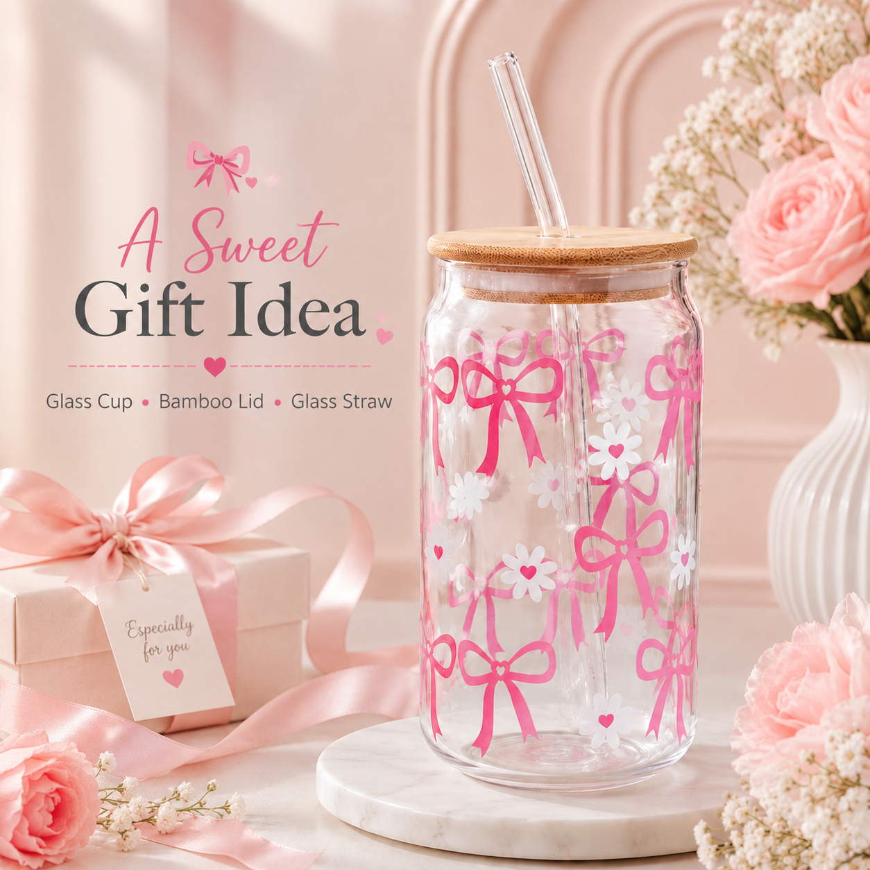 Pink Bow & Daisy Glass Tumbler with Bamboo Lid & Straw