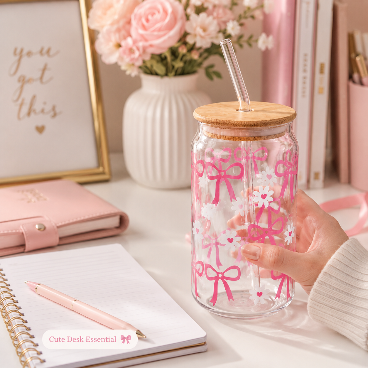 Pink Bow & Daisy Glass Tumbler with Bamboo Lid & Straw