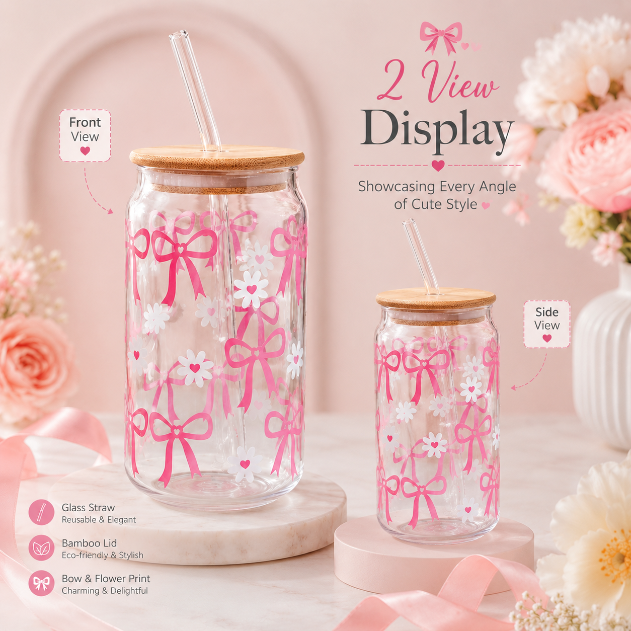 Pink Bow & Daisy Glass Tumbler with Bamboo Lid & Straw