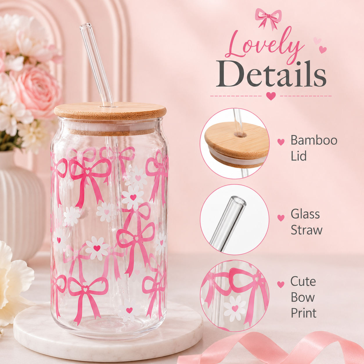 Pink Bow & Daisy Glass Tumbler with Bamboo Lid & Straw