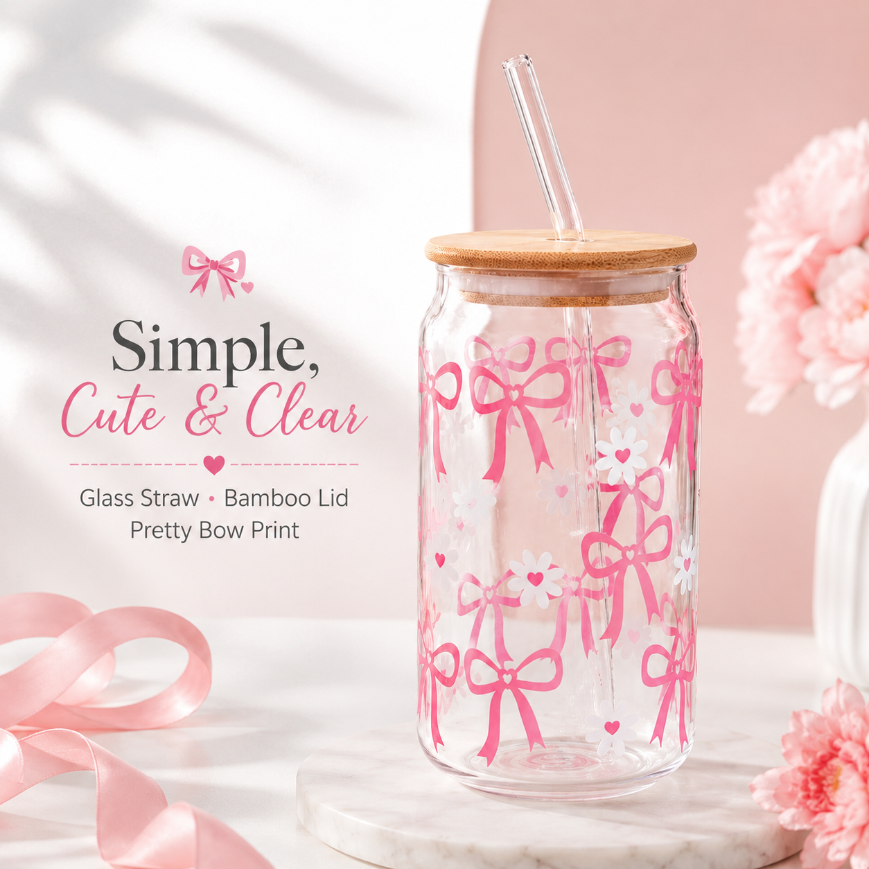 Pink Bow & Daisy Glass Tumbler with Bamboo Lid & Straw