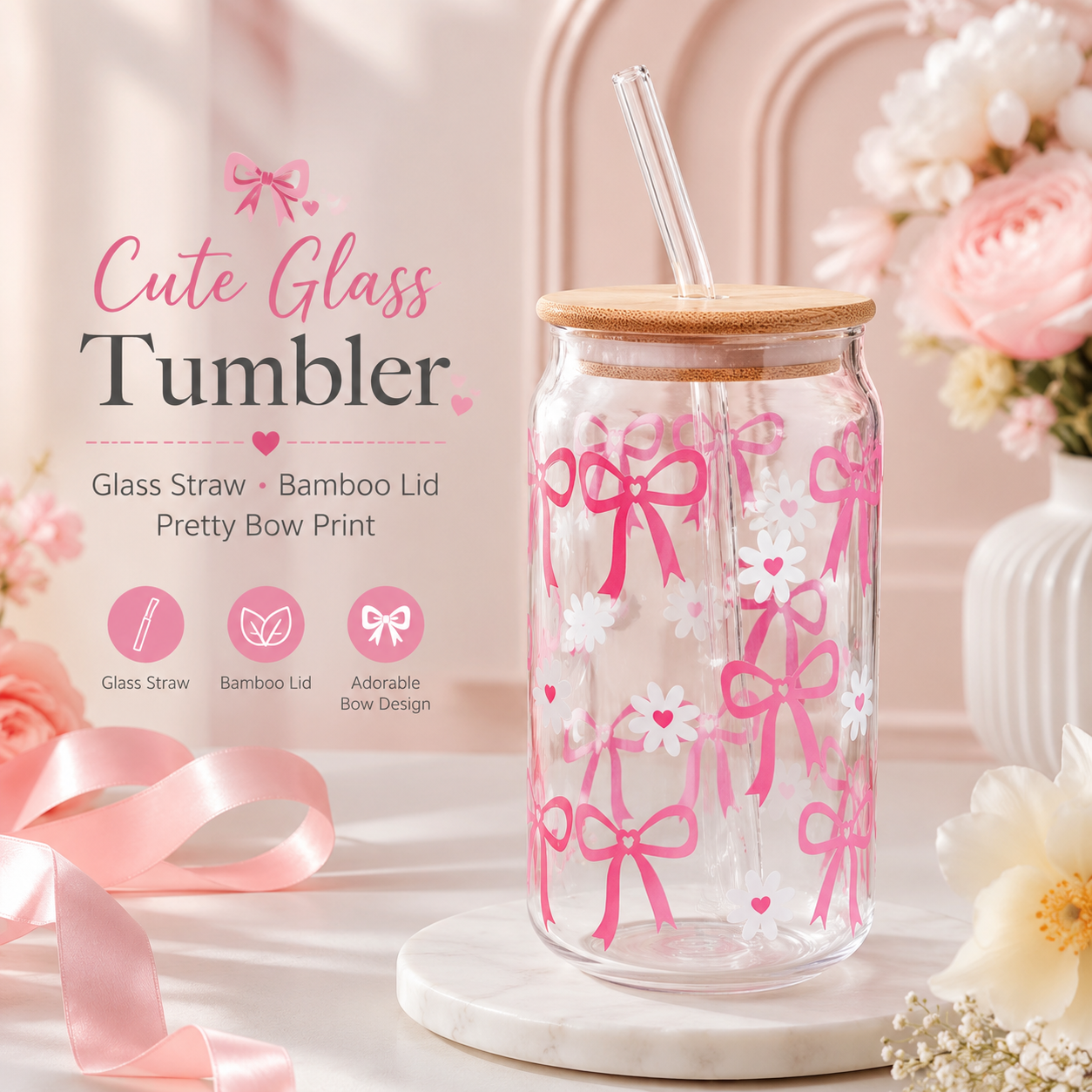 Pink Bow & Daisy Glass Tumbler with Bamboo Lid & Straw