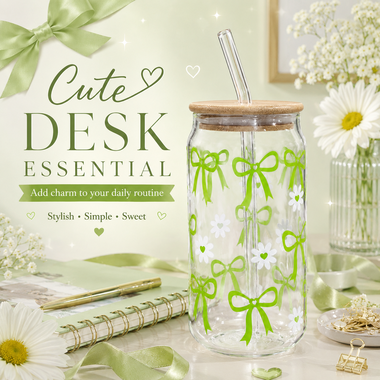 Green Bow & Daisy Glass Tumbler with Bamboo Lid & Straw