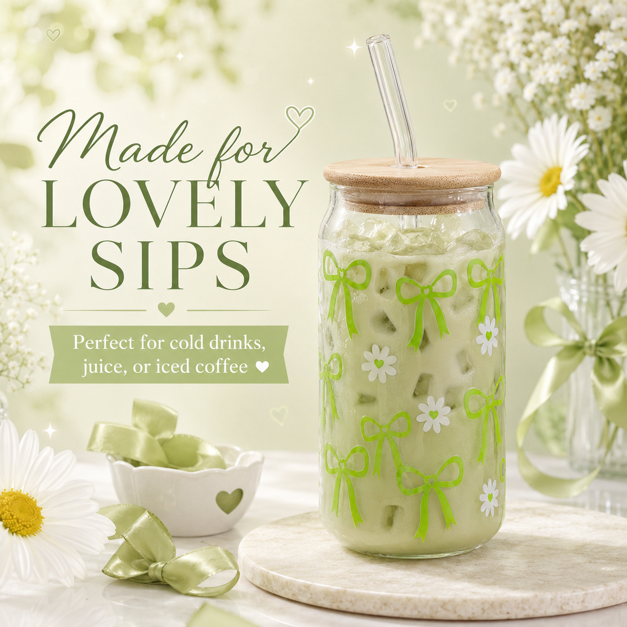 Green Bow & Daisy Glass Tumbler with Bamboo Lid & Straw