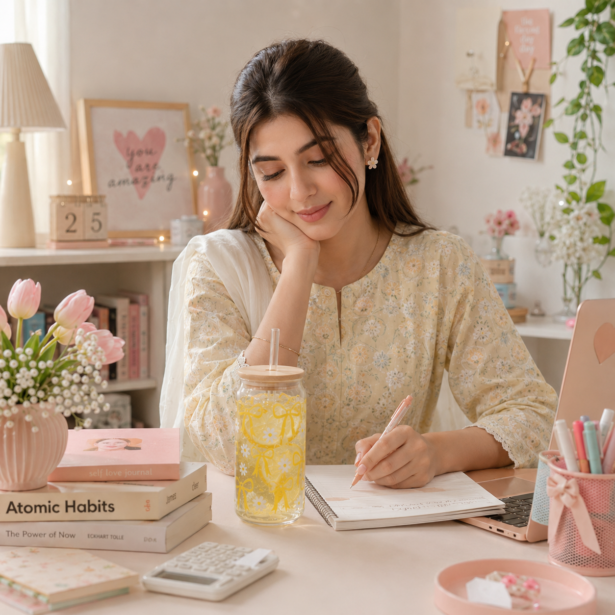Bow & Daisy Glass Tumbler with Bamboo Lid & Straw