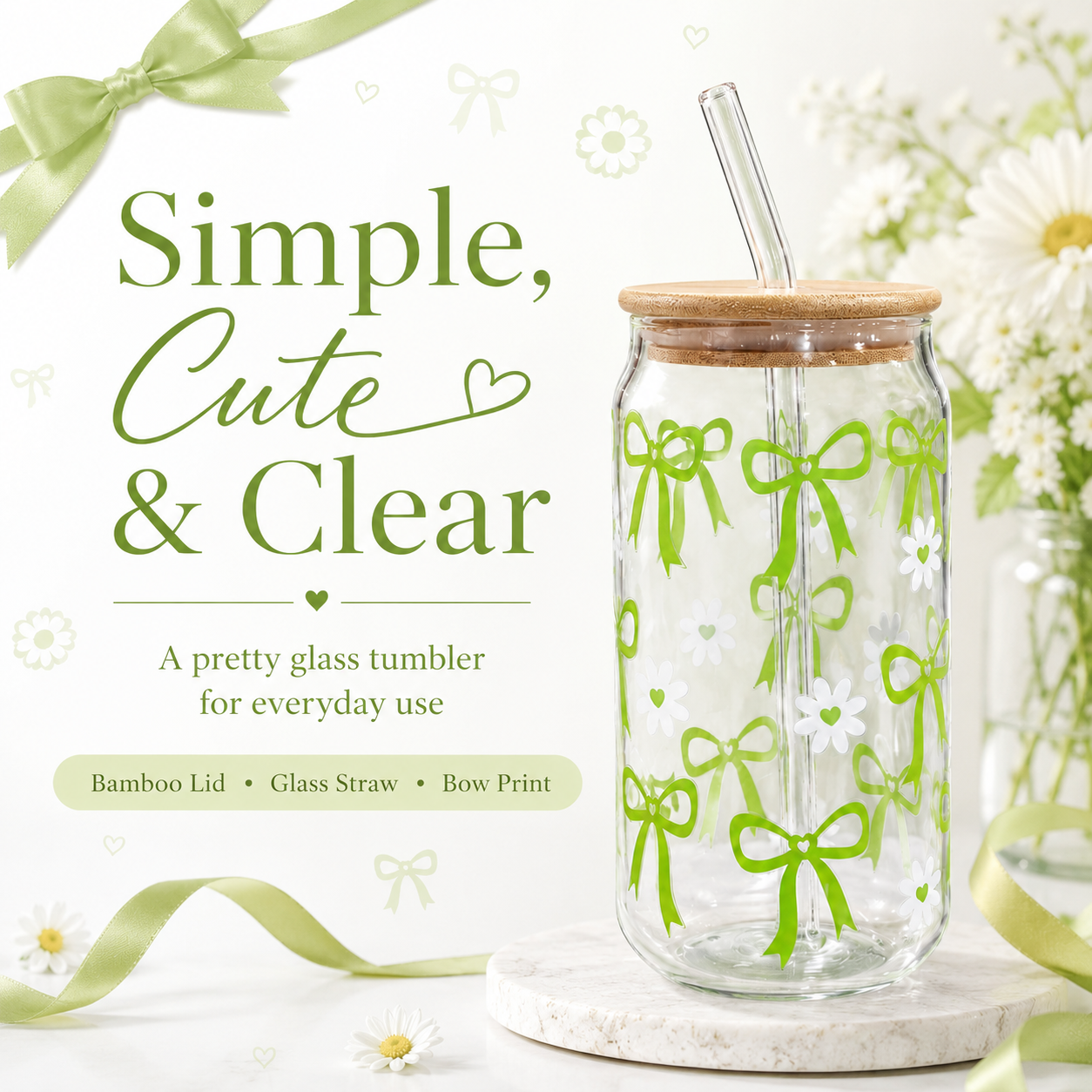 Green Bow & Daisy Glass Tumbler with Bamboo Lid & Straw