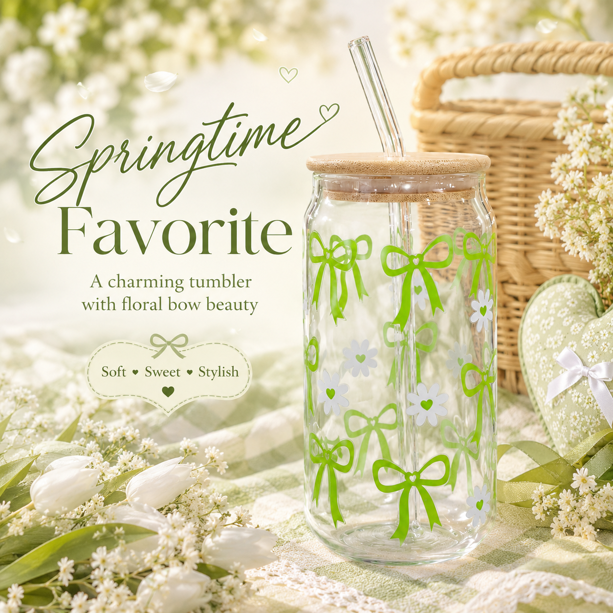 Green Bow & Daisy Glass Tumbler with Bamboo Lid & Straw