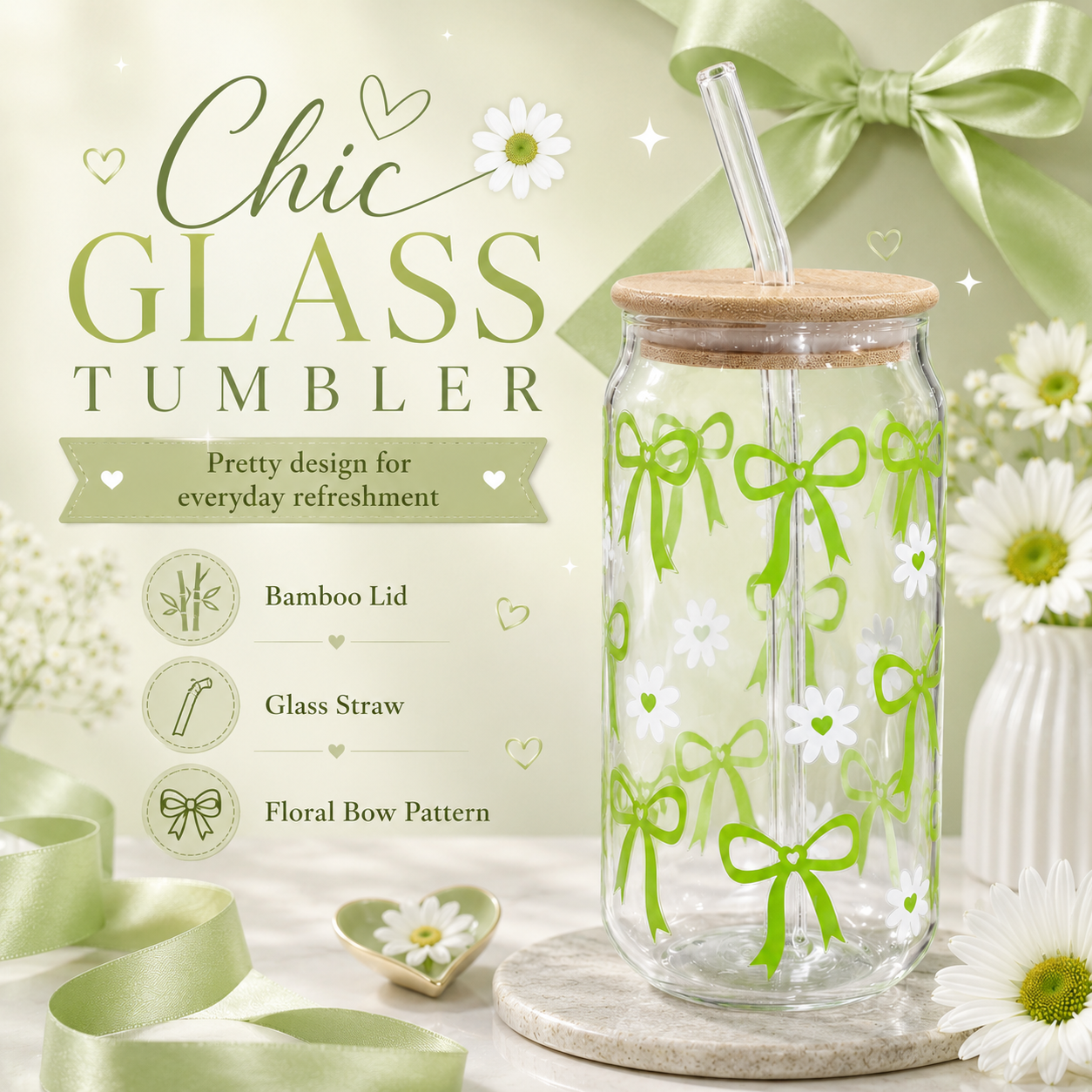 Green Bow & Daisy Glass Tumbler with Bamboo Lid & Straw