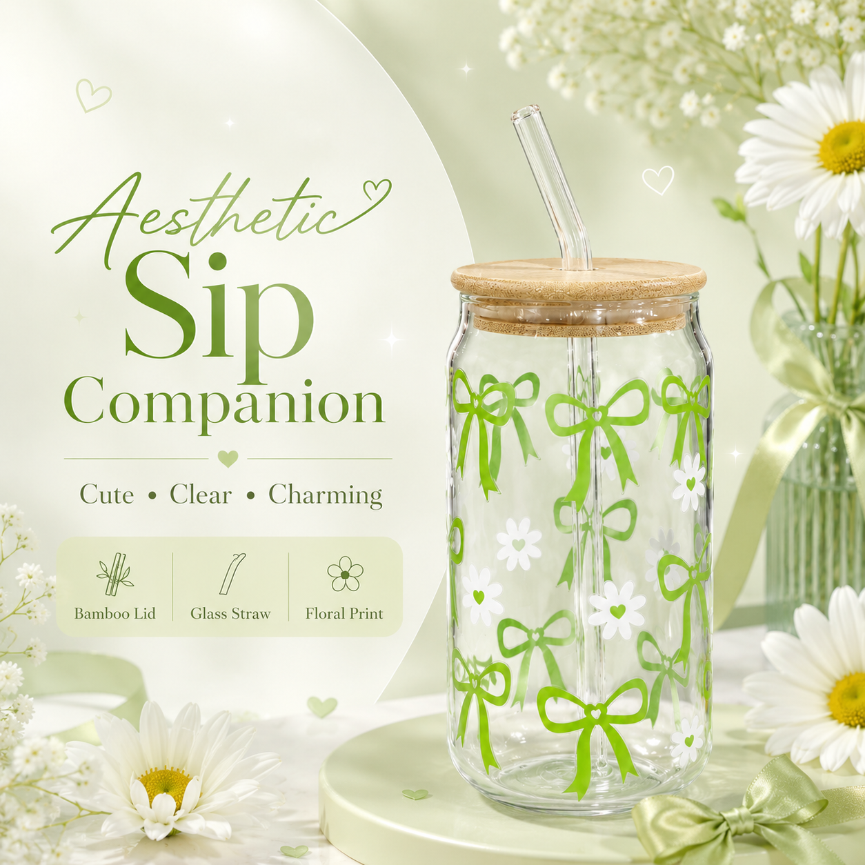 Green Bow & Daisy Glass Tumbler with Bamboo Lid & Straw