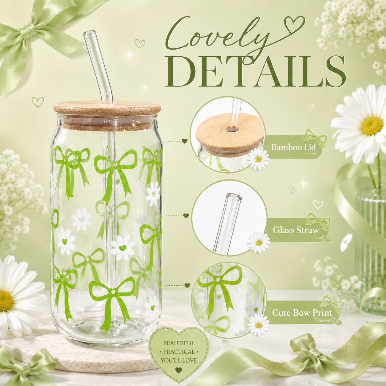 Green Bow & Daisy Glass Tumbler with Bamboo Lid & Straw
