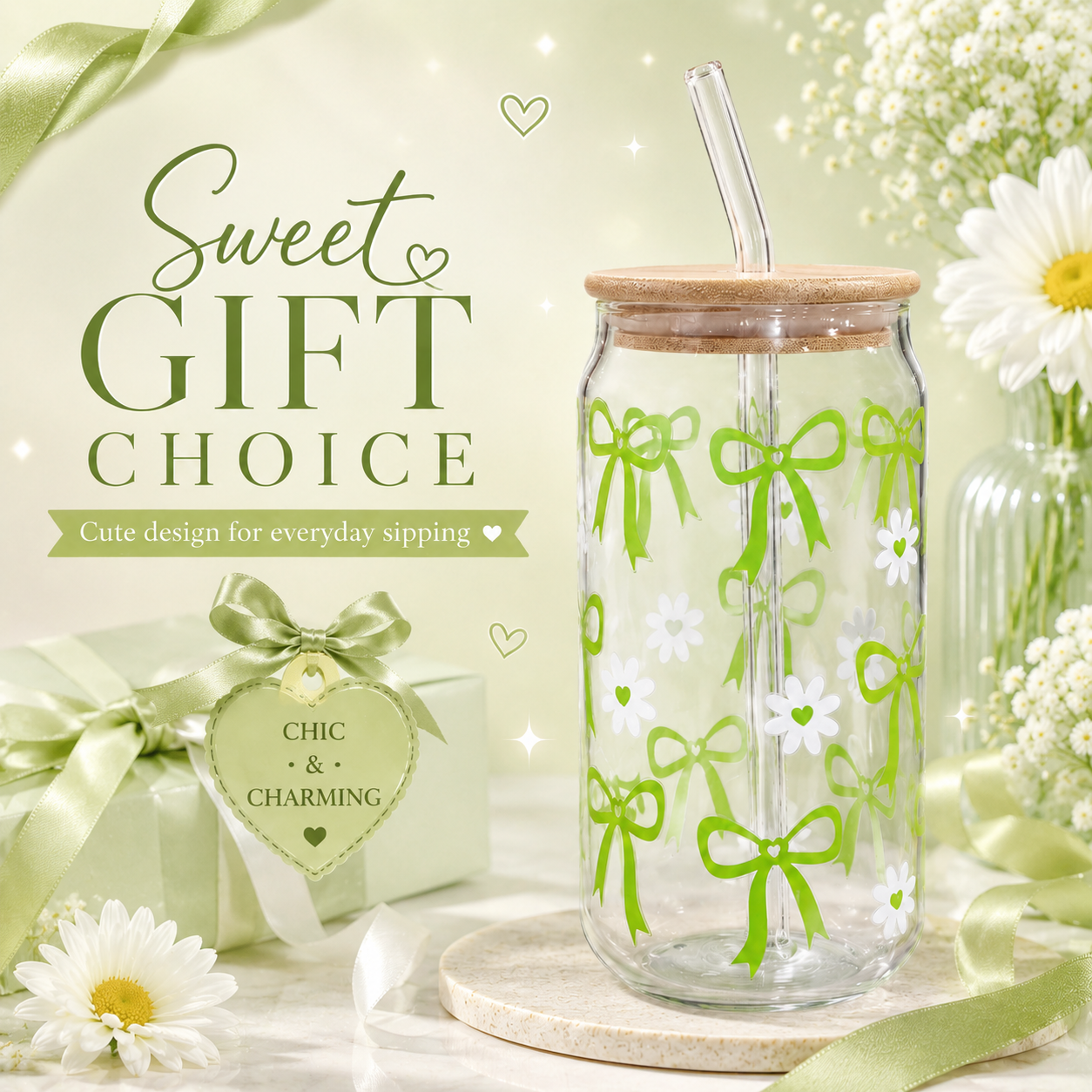 Green Bow & Daisy Glass Tumbler with Bamboo Lid & Straw