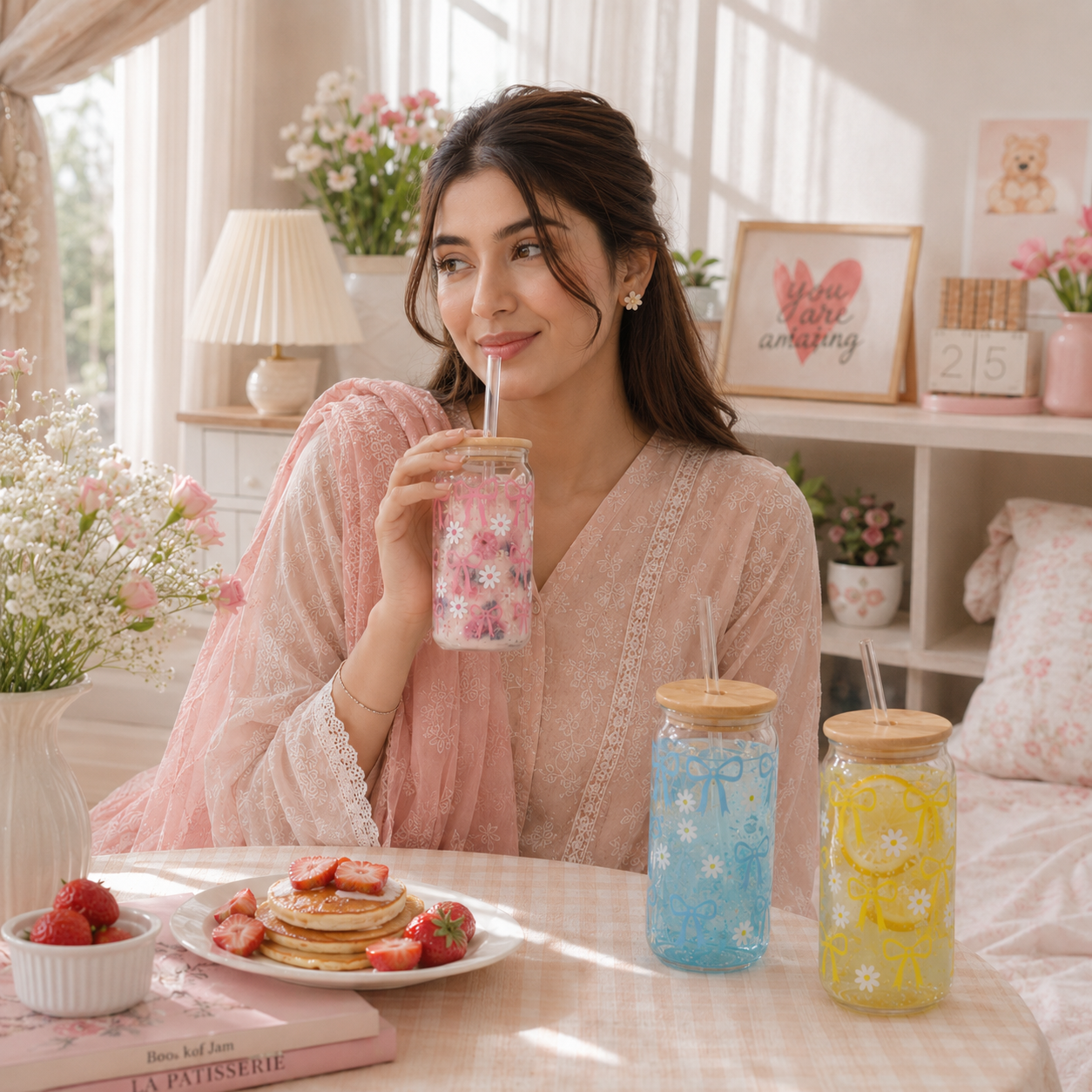 Bow & Daisy Glass Tumbler with Bamboo Lid & Straw