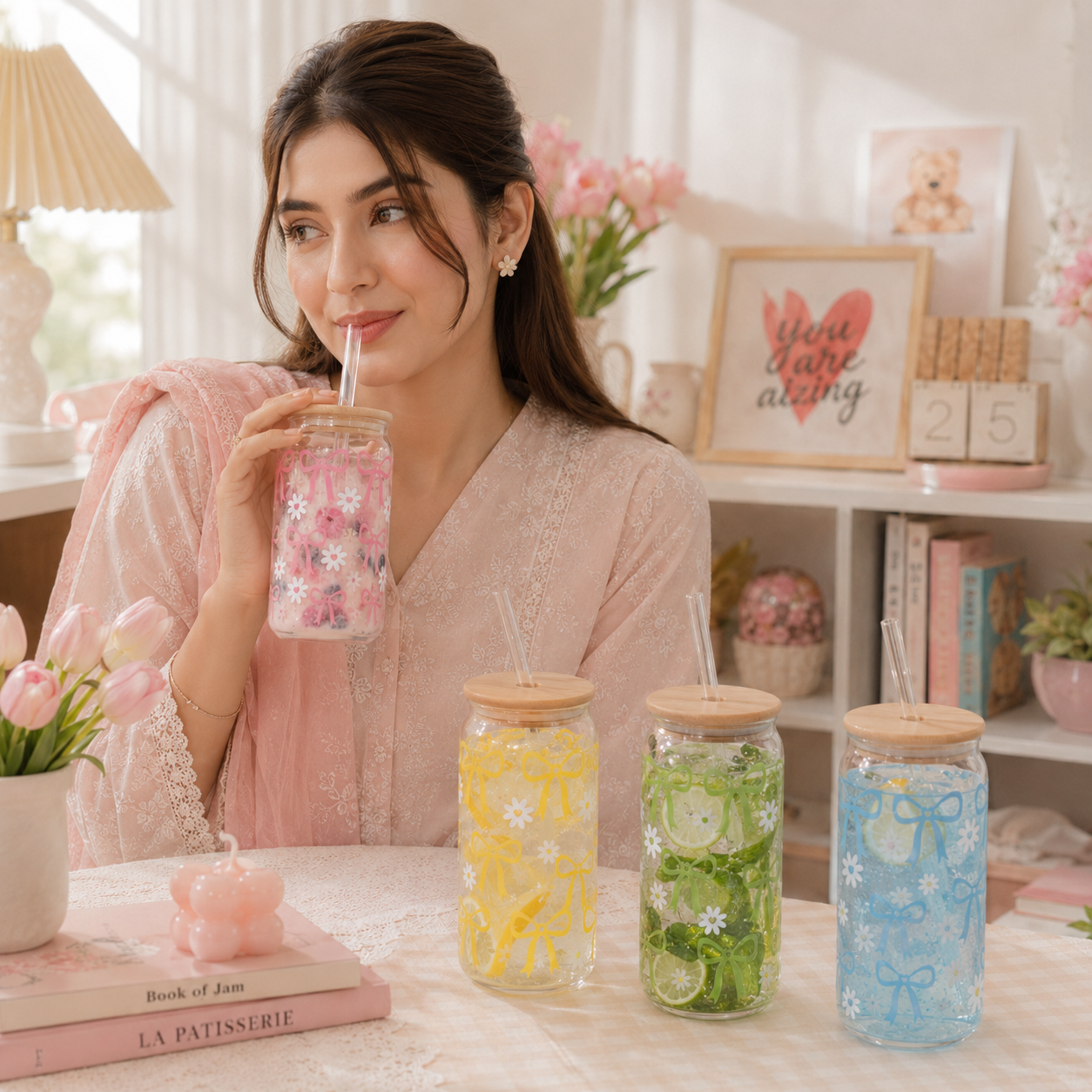 Bow & Daisy Glass Tumbler with Bamboo Lid & Straw