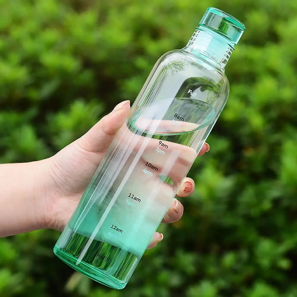 Premium Borosilicate Glass Water Bottle with Time Marker & Leakproof Lid – Portable Reusable Hydration Bottle for Office, Gym, School & Travel