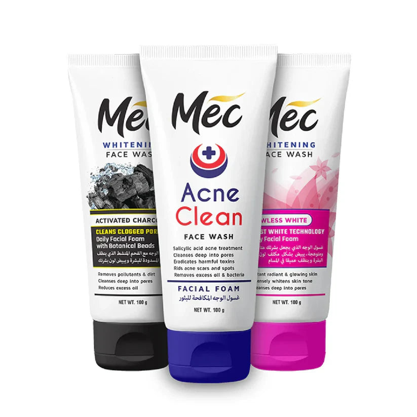 Pack Of 3 MEC whitening Face Wash, Activated Charcoal, Flawless White, Acne Clean
