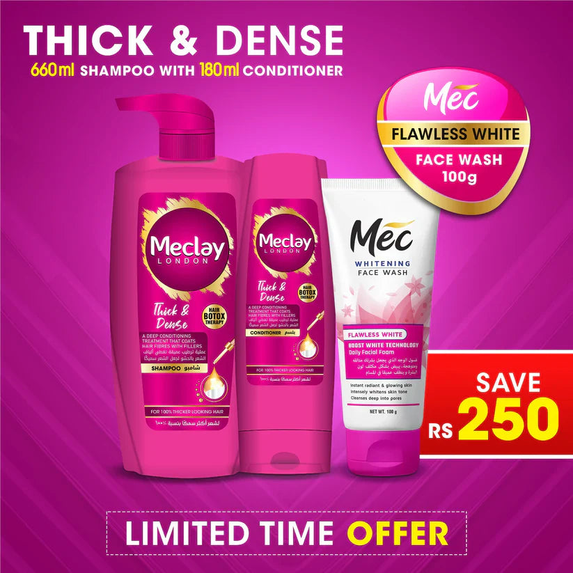 Meclay London Thick & Dense Shampoo 660ml With Conditioner 180ml + MEC Flawless White Face Wash Pair Box